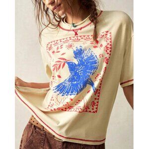 Women's Cream Graphic Tee with Blue Bird Design